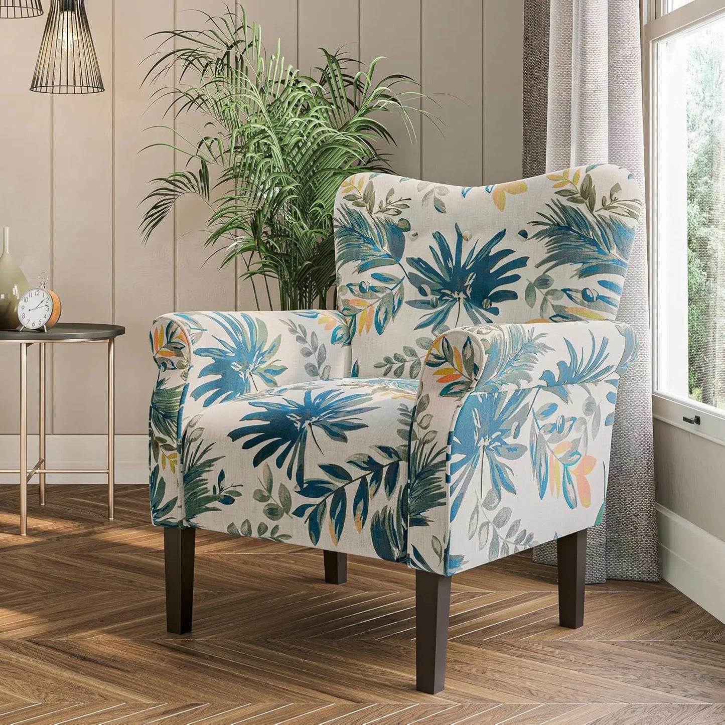 Elegant Wingback Chair, Plush Upholstered Armchair with Wooden Legs, Floral Pattern, for Living Room or Bedroom