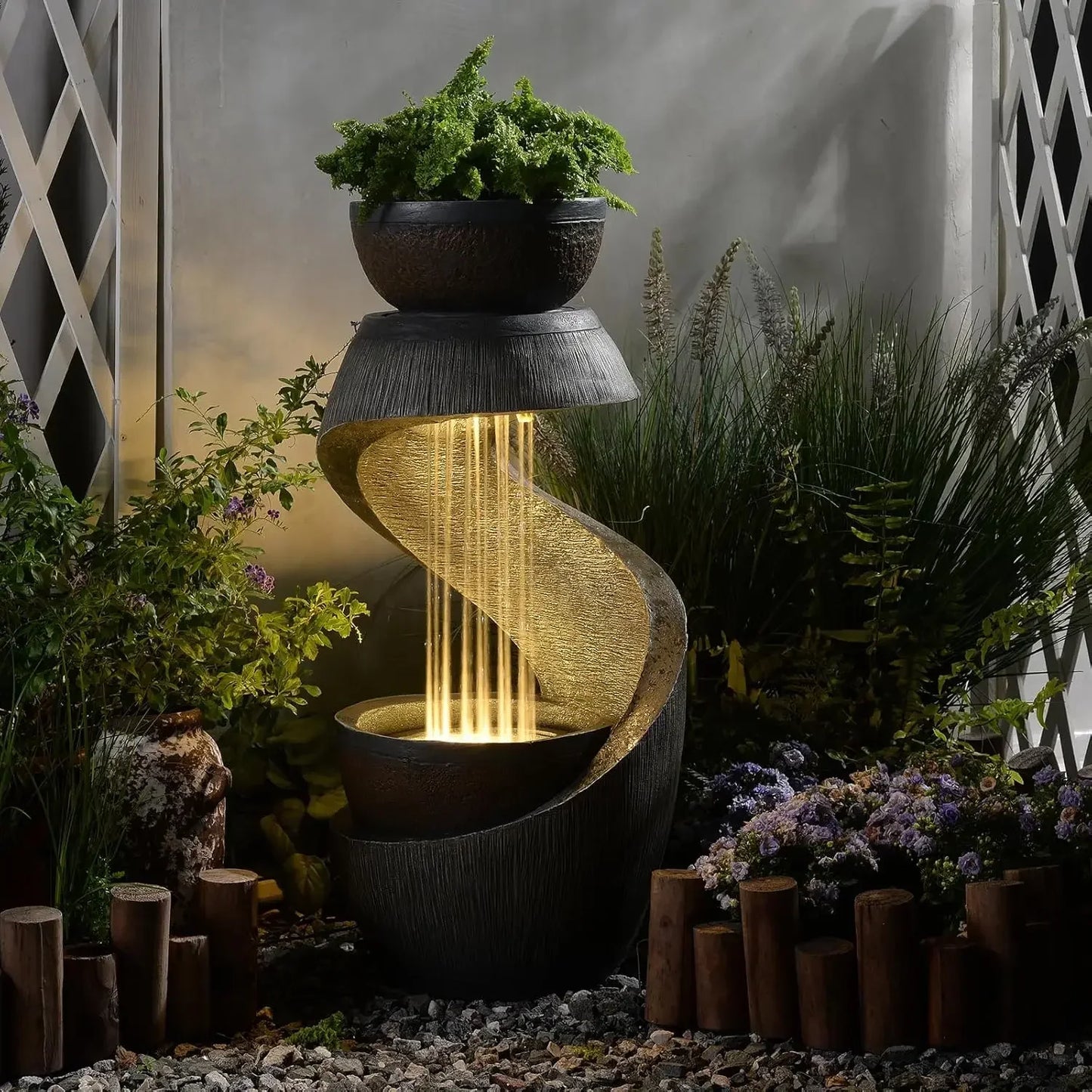31.9" S-Shaped Water Outdoor Fountain–Modern Cascading Waterfall Feature with LED Lights & Planter Bowl