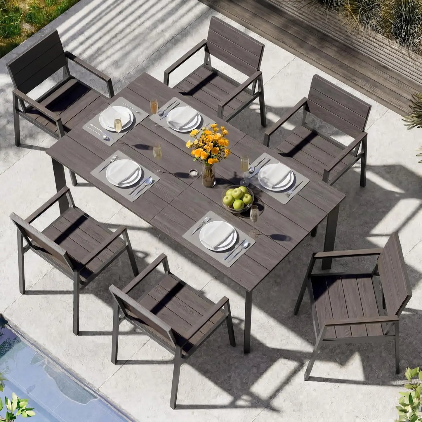 Outdoor Dining Set for 6, Aluminum Patio HDPS Outdooor Table and Chairs Set with Umbrella Hole, All Weather Patio, Custom
