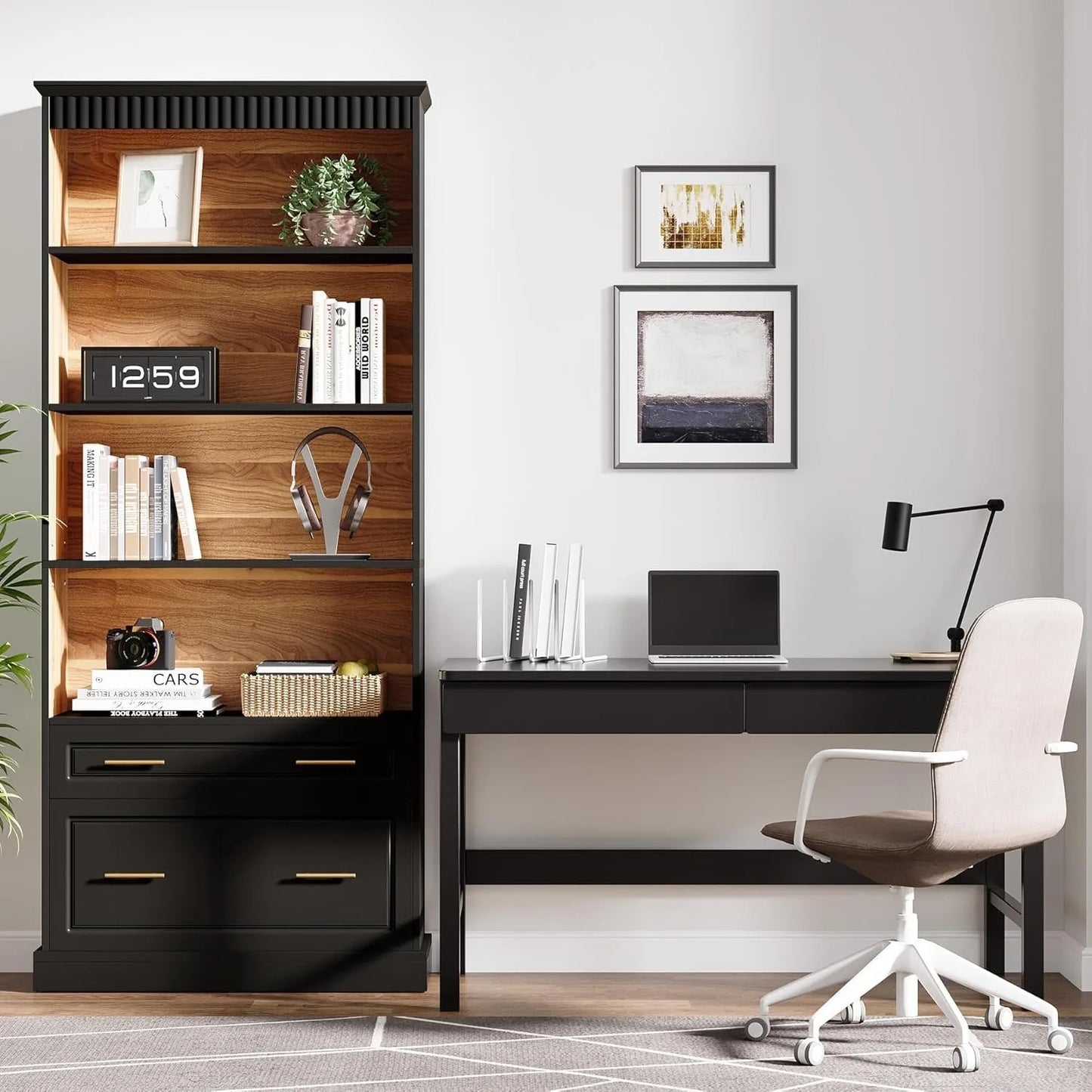 5-Shelf Bookcase with File Cabinet Drawer, 72" Tall Bookshelf, Modern Free-Standing Wood Bookcase, Large Open Display,Customized