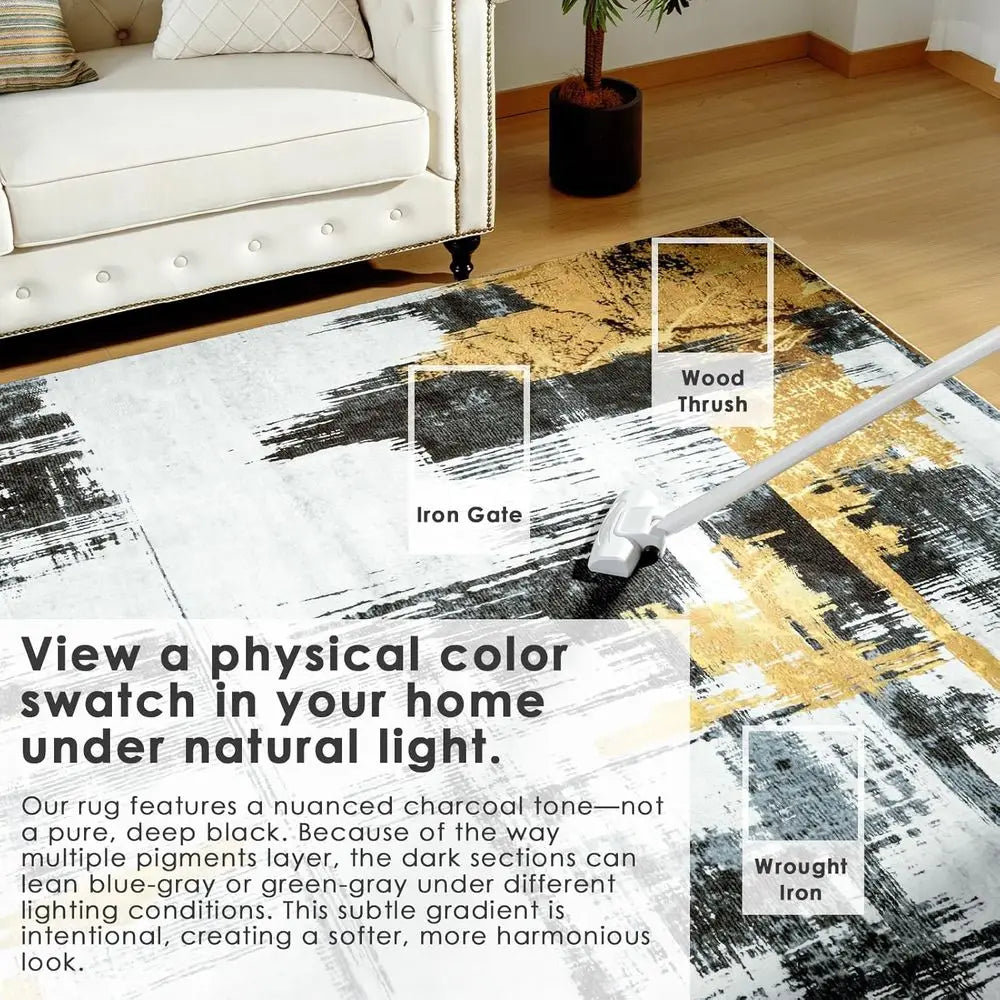 6'x9' Modern Abstract Area Rug - Washable, Non-Slip for Living Room, Bedroom, Kitchen & Dining (Gold Brushstroke)