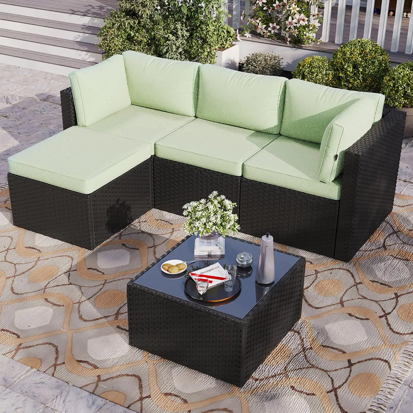 Aoxun Outdoor Patio Furniture Set, 5-Pieces All-Weather Rattan Sectional Sofa Conversation Set with Glass Coffee Table
