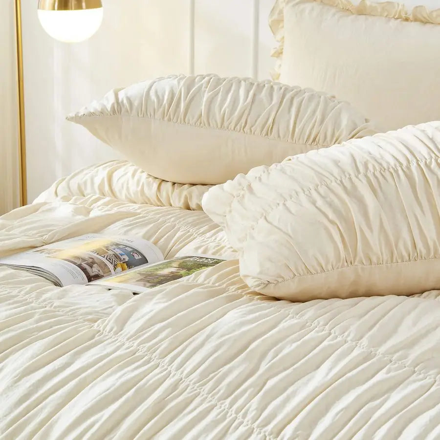 Queen Comforter Set Ruched Comforter Queen Size Bed Set Boho Shabby Chic Bedding for Bedroom Comforter Fluffy 3 Piece Ruffle Com