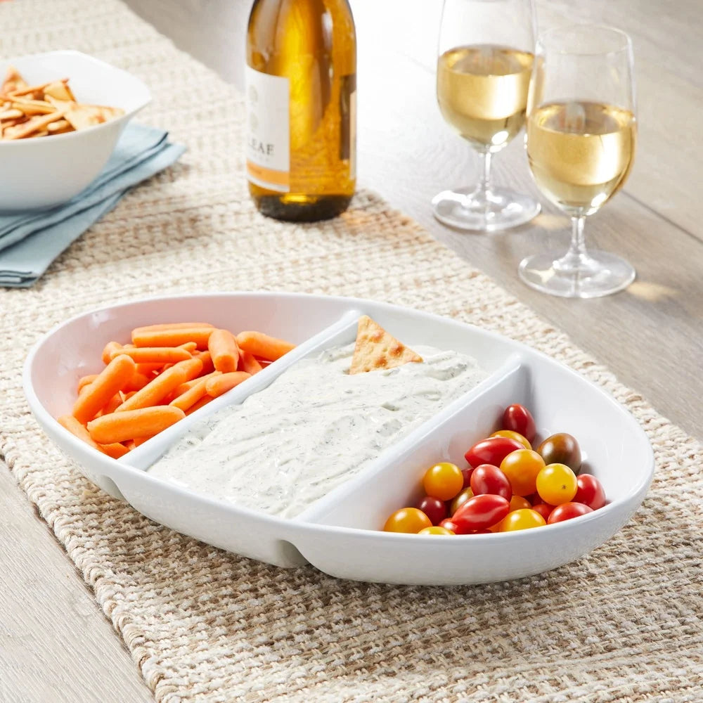 Porcelain Divided Bowl Three-Compartment Ceramic Serving Dish Ideal Snacks Soups Salads Chips Pasta Microwave Dishwasher Safe