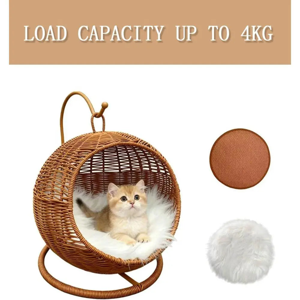 Wicker Cat Bed Indoor & Outdoor, Handwoven PP Rattan Cat Swing Bed with Removable Washable Cushion, Breathable Waterproo Cat Hou