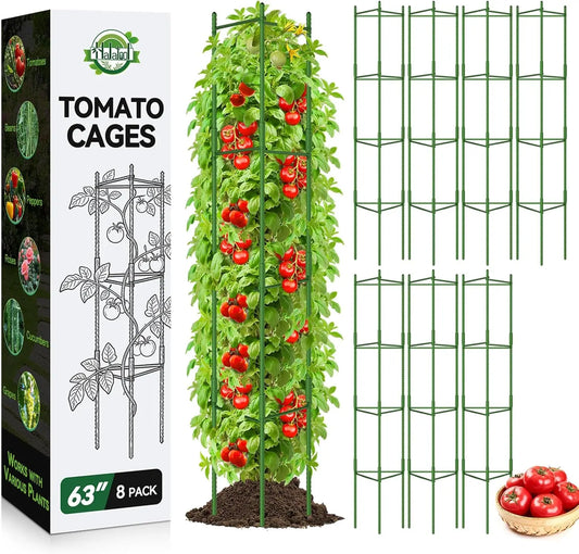 8-Pack Adjustable Tomato Cages, Up to 63in Tall, for Garden Pots and Raised Beds with Stakes and Trellis