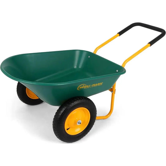 Premium Dual-Wheel Home Utility Yard Wheelbarrow Garden Cart w/Built-in Stand for Lawn, Gardening, Grass, Soil, Bricks, and Cons