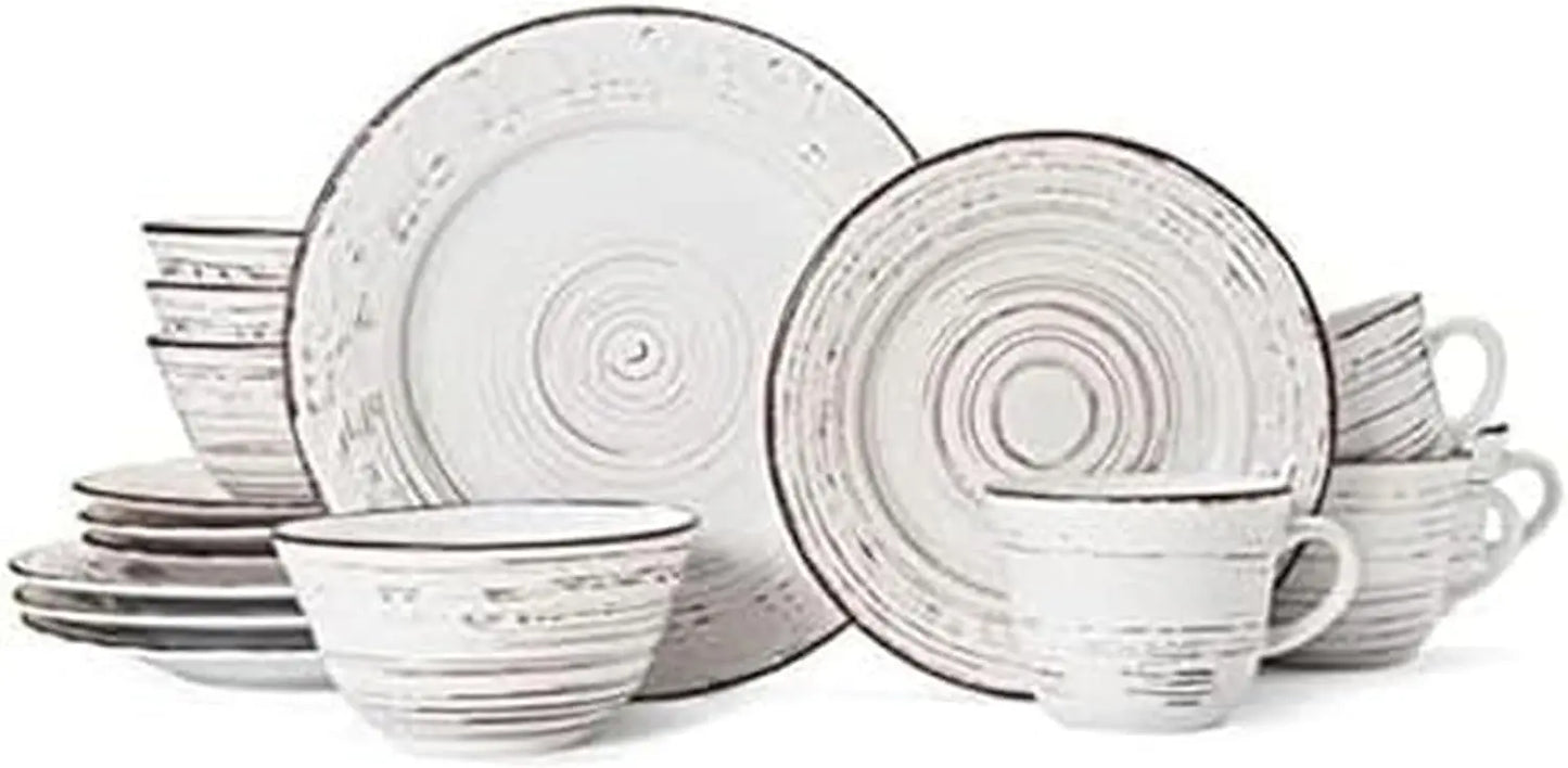 Trellis White 16-Piece Stoneware Dinnerware Set for 4, Distressed Finish, Microwave & Dishwasher Safe