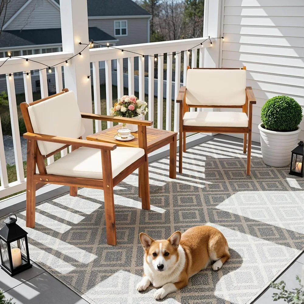 Flamaker Patio Chairs 3 Piece Acacia Wood Patio Furniture with Coffee Table & Cushions Outdoor Conversation Set Balcony Chairs