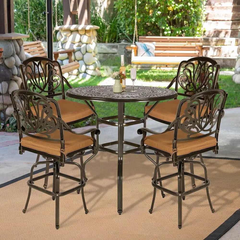 5-Piece Patio Swivel Bar Stools Set, All Weather Cast Aluminum Outdoor Bar Height Bistro Set with 4 Cushioned Bar Chairs & 38.5"