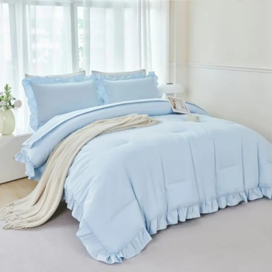Ruffle Girls Comforter Set Twin Size 5 Pieces Ruffled Farmhouse Bed in A Bag Solid Boho Bedding Comforter Sets Soft Fluffy Bed