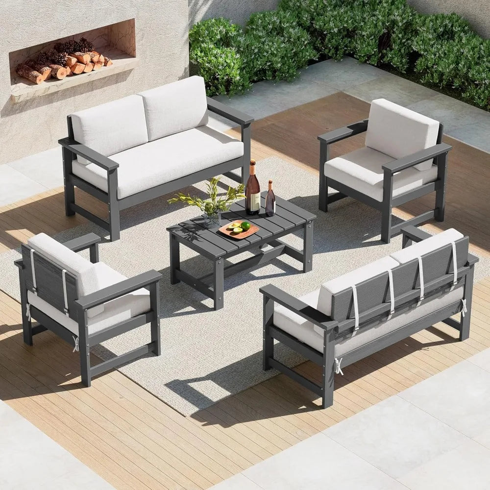 5 Pieces HDPE Outdoor Sofa Set with Cushions, All Weather Use Patio Conversation Couch Loveseat Furniture with Coffee Table for