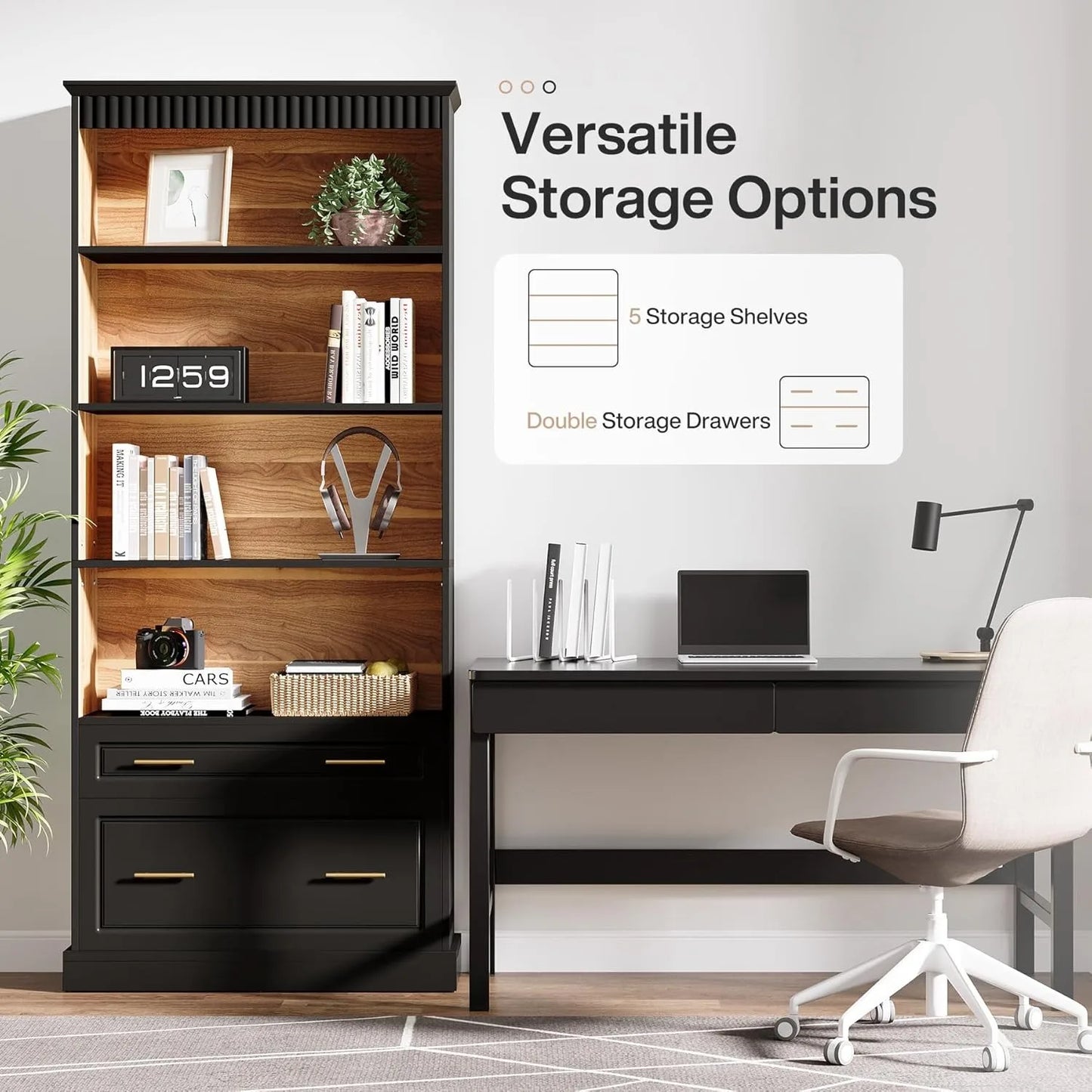 5-Shelf Bookcase with File Cabinet Drawer, 72" Tall Bookshelf, Modern Free-Standing Wood Bookcase, Large Open Display,Customized