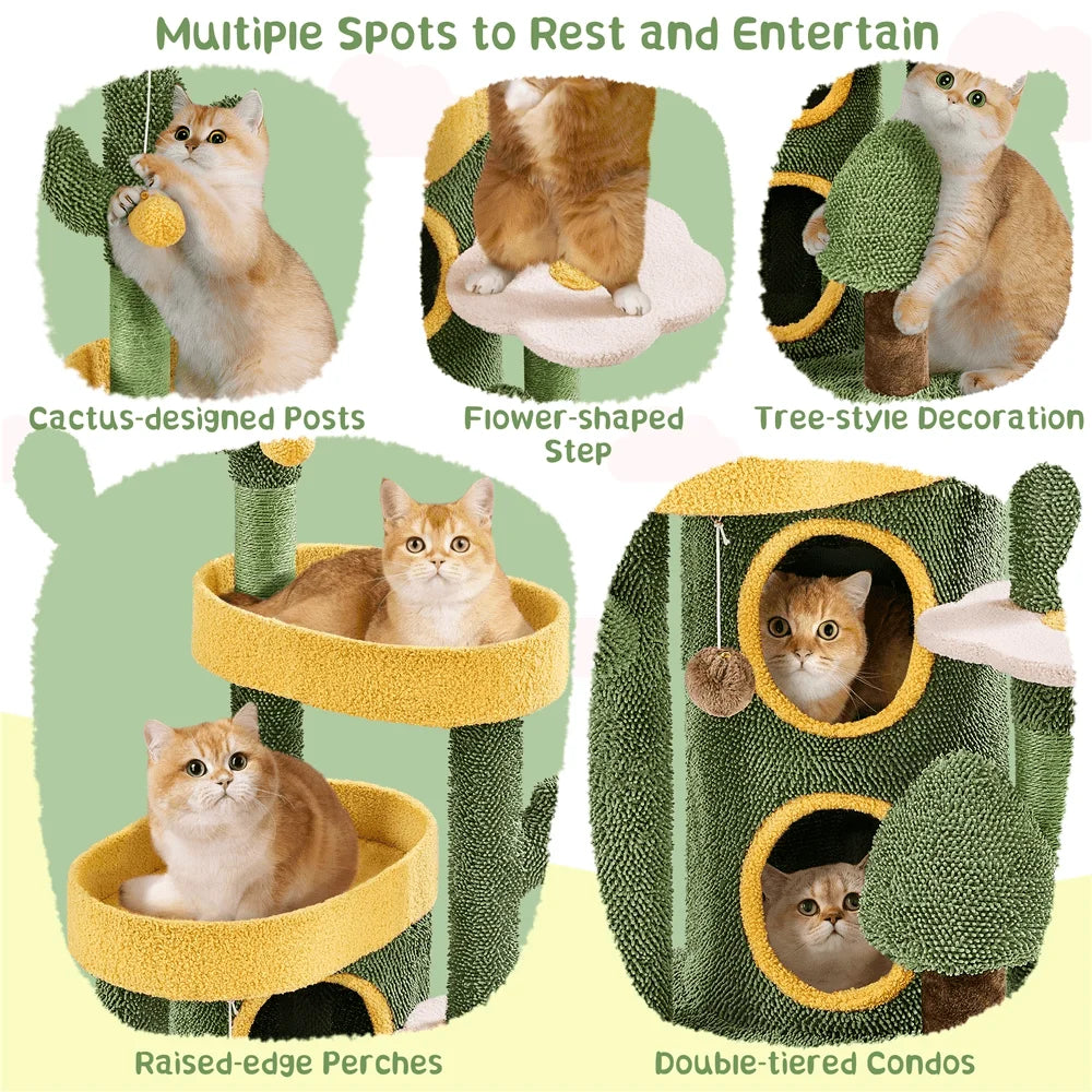 48.5 Tall OasisThemed Cat Tree Indoor FleeceCovered Tower With ching Posts Toys Cat House For Small Medium Cats Green Yell