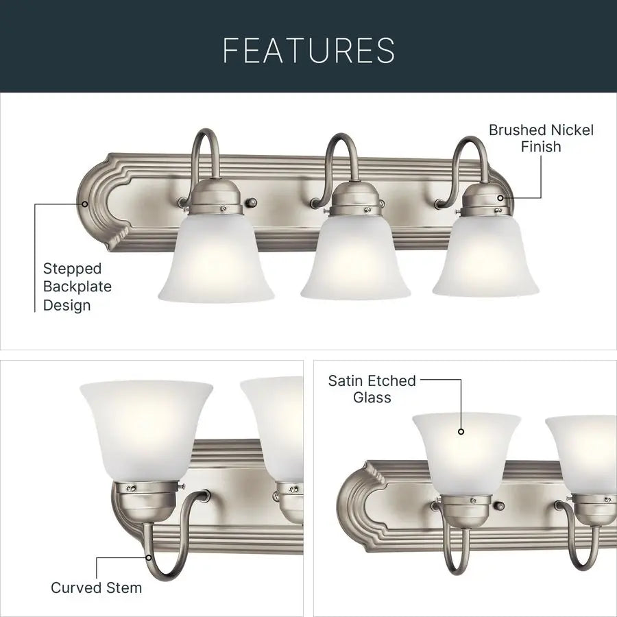 24 3Light Vanity Bath Light in Brushed Nickel, Modern Bathroom Light with Clear Satin Etched Glass, 24 W x 8 H, 5337NIS