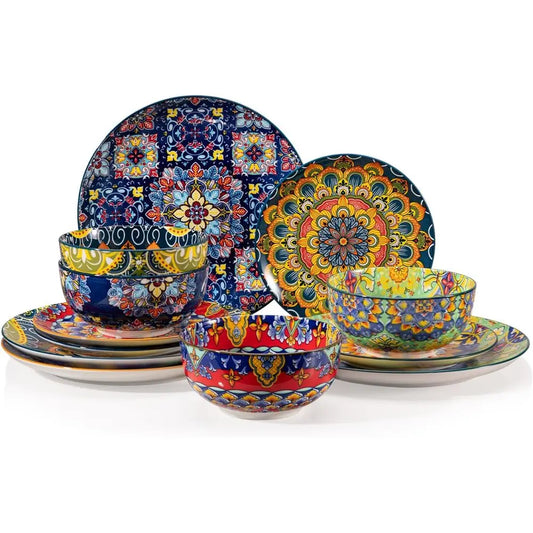 Dinnerware Sets, 4 or 12 Pieces Boho Plates and Bowls, Kitchen, Houseware Gift, Bohemian Style Dish Set, Dishwasher and Microwav