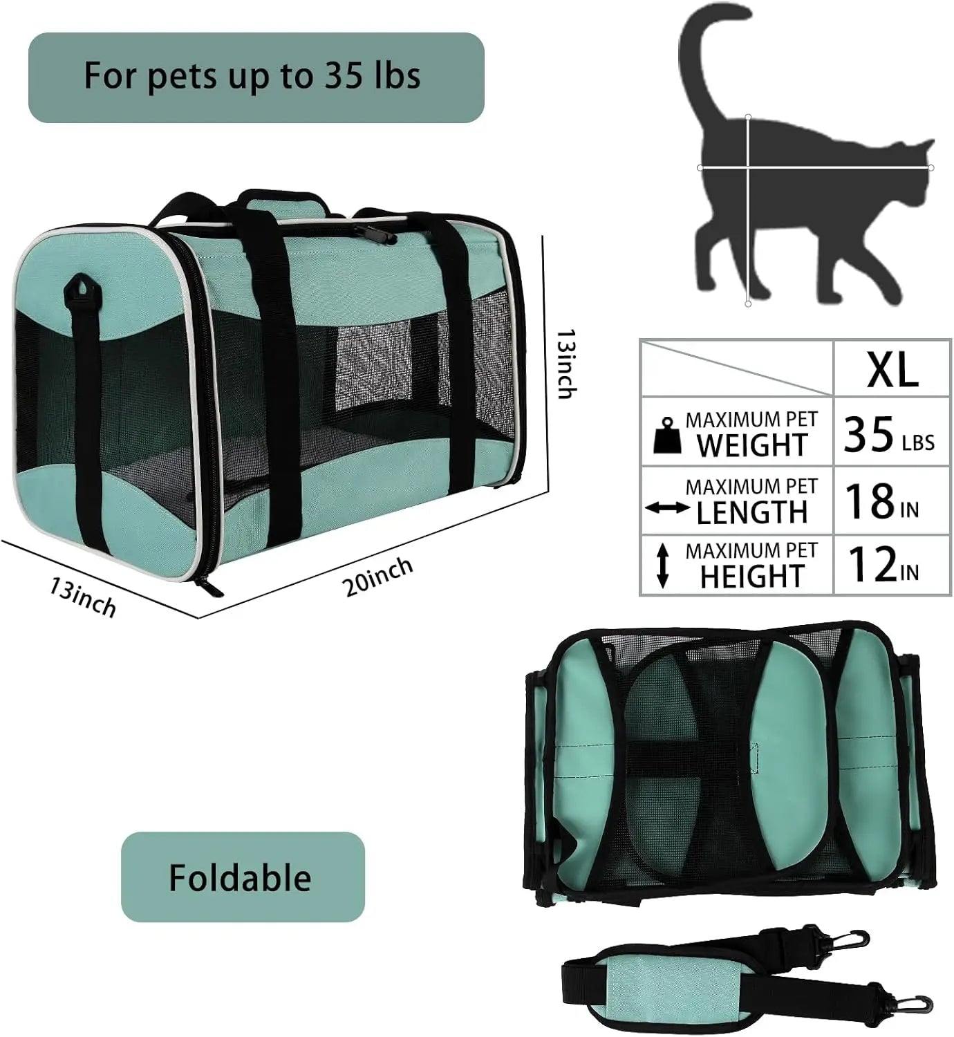 Cat Carrying Case - Soft Sided Pet Travel Carrier, Up to 30Lbs, Collapsible, Removable Fleece Pad, Breathable, X-Large Green
