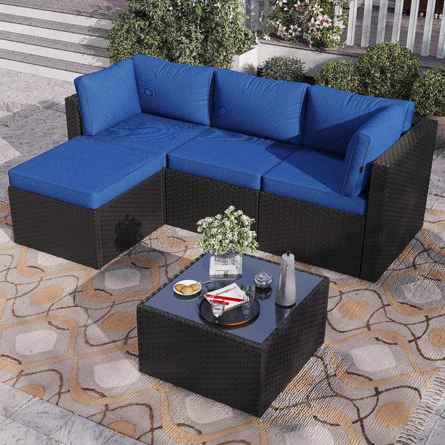 Aoxun Outdoor Patio Furniture Set, 5-Pieces All-Weather Rattan Sectional Sofa Conversation Set with Glass Coffee Table