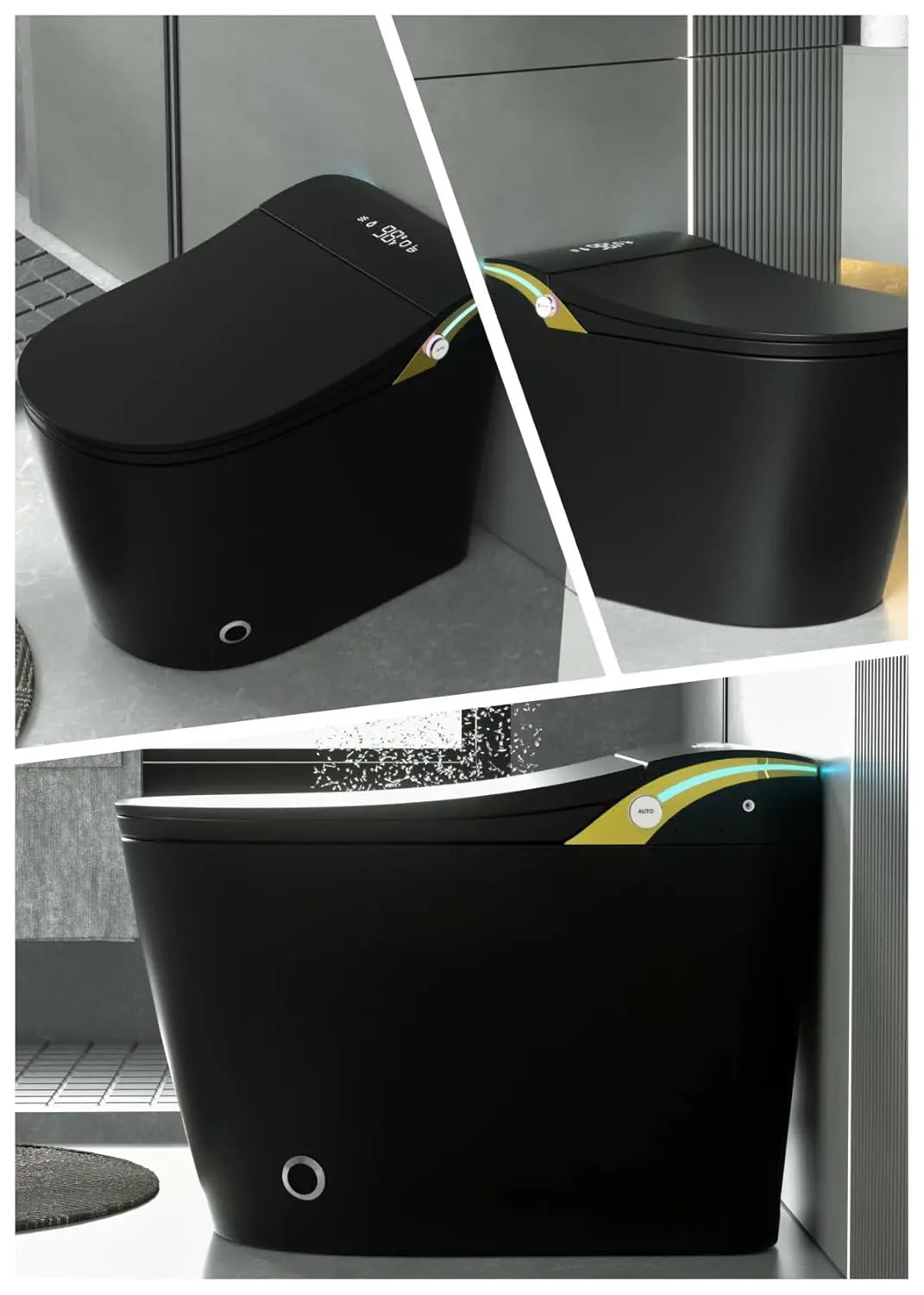 Black Smart Toilet with Bidet Built In, Heated Seat, Warm Water and Dry,ADA Comfort Height Foot Sensor and Night, Customized