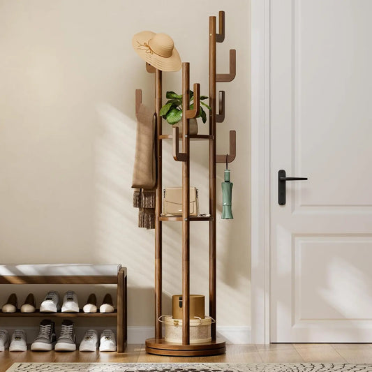 Rotary Coat Rack Freestanding - Solid Wood Coat Tree with 9 hooks & 3 Storage Shelves for Purse, Bag, Jacket, Hat, Corner Hanger