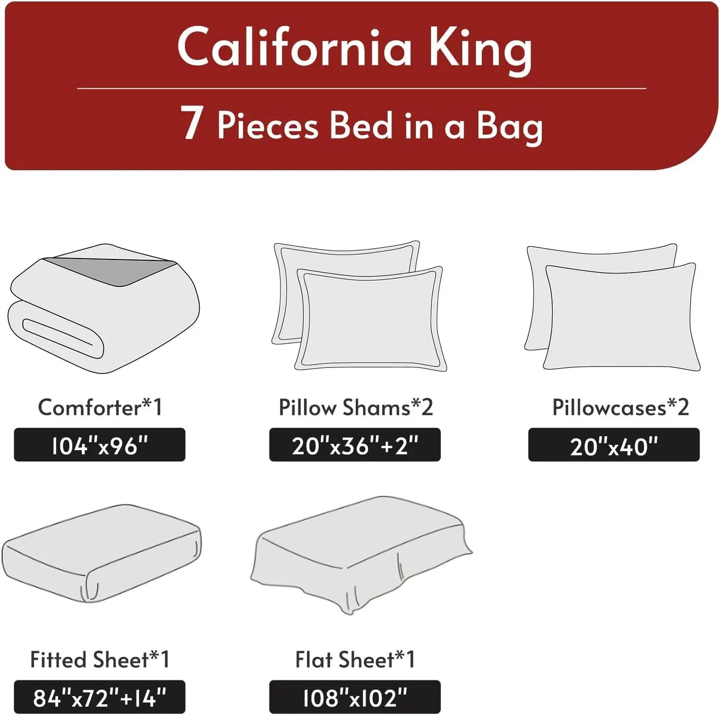 7 Pieces California King Comforter Set Reversible Bed in a Bag All Season Bedding with Sheets Pillowcases & Shams Red Black
