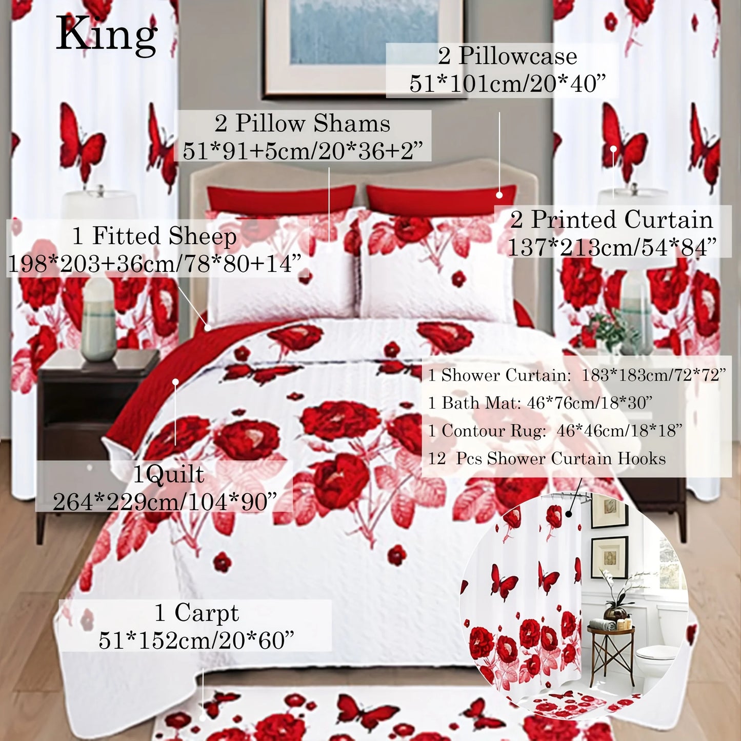24pcs Bedspread Set 9pcs Quilt Set with 15pcs Shower Curtain Set Exquisite Pattern Modern Style Skin-friendly & Comfortable All