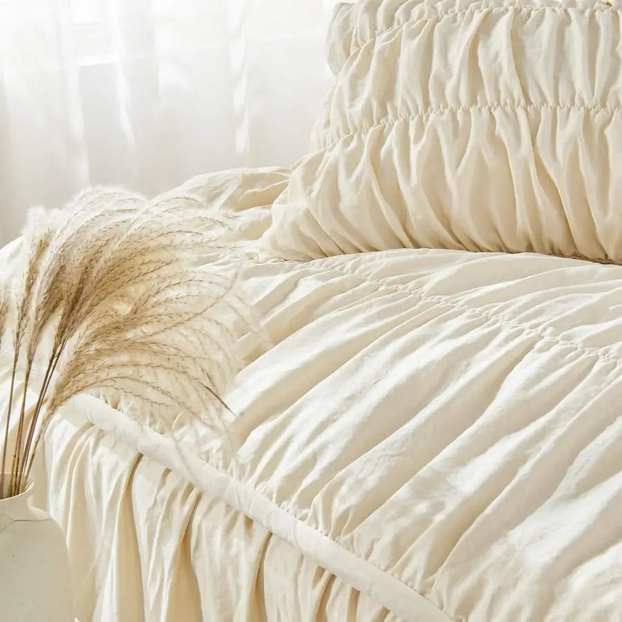 Queen Comforter Set Ruched Comforter Queen Size Bed Set Boho Shabby Chic Bedding for Bedroom Comforter Fluffy 3 Piece Ruffle Com