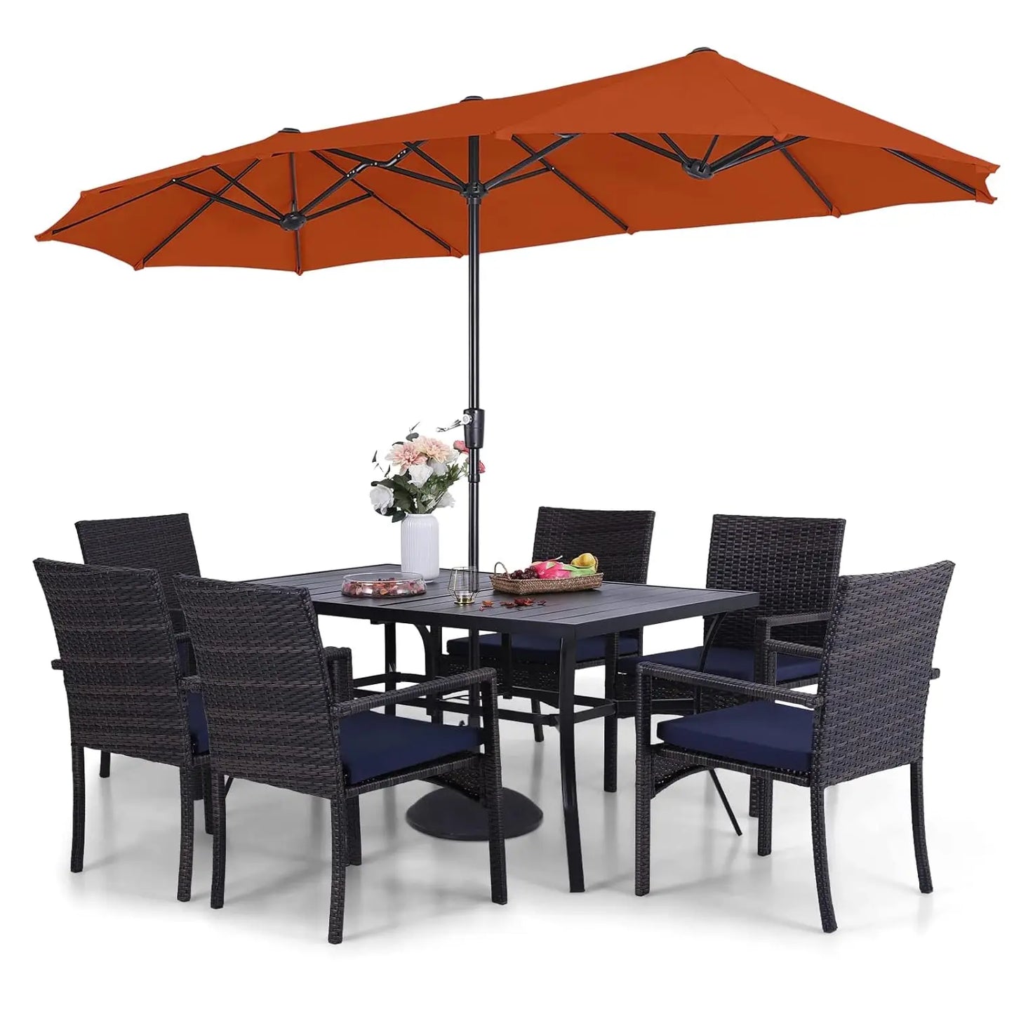 Patio Outdoor Table and Chairs Set with Umbrella Navy, Patio Dining Sets for 6, 7 Pieces Patio Table Set for Backyard, Custom