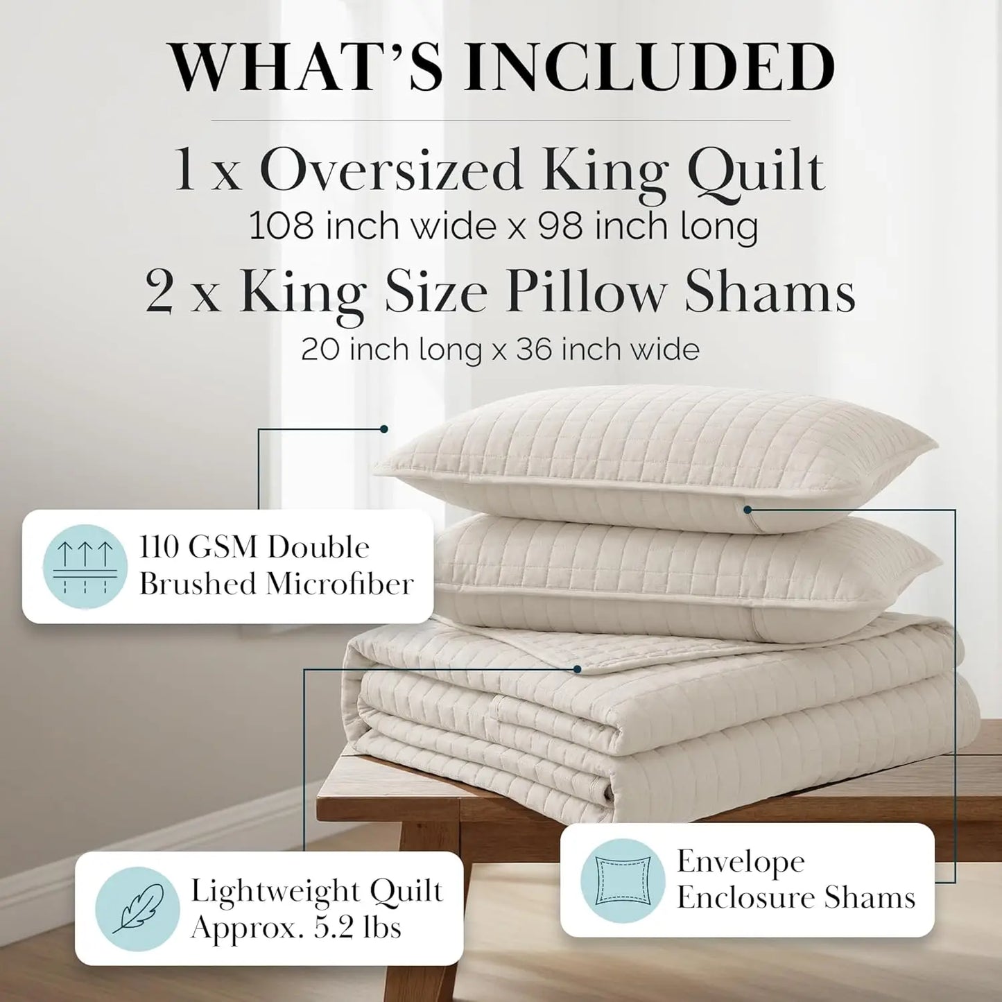 King Size Quilt Bedding Set - Lightweight Coverlet for King/Cal King, Natural Beige