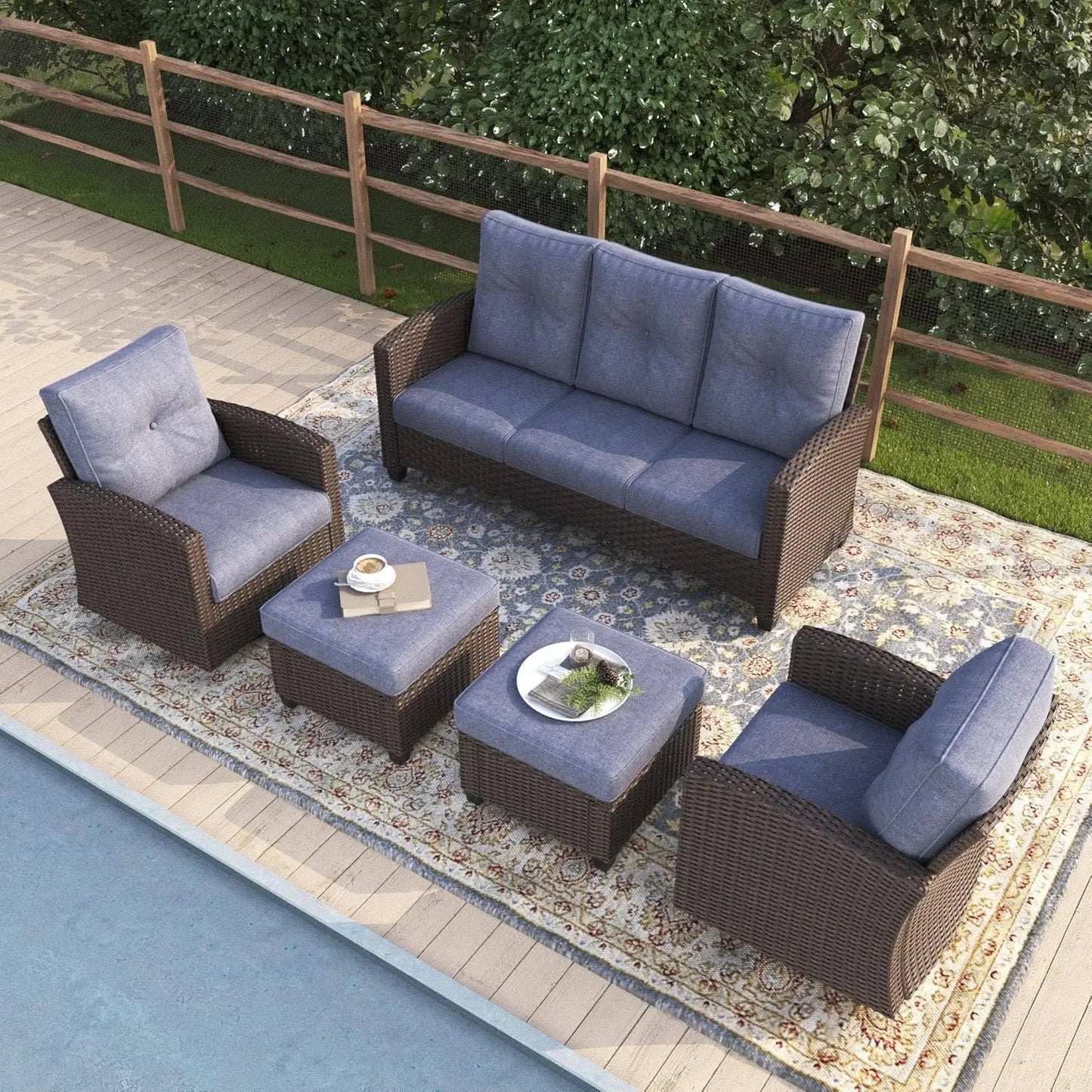 5 Pieces Patio Furniture Swivel Chairs Set, Outdoor Wicker Glider Rocking Chairs with Sofa Set, Customized