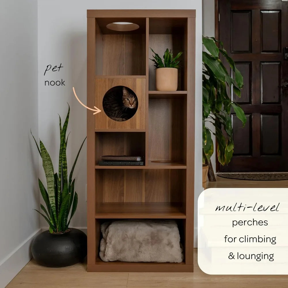 4 Cats & Dogs Cliff Jr. Cat Tree Bookshelf – Stylish Multi-Level Cat Climbing & Hiding Shelf, Space-Saving Bookshelf with 7 Leve