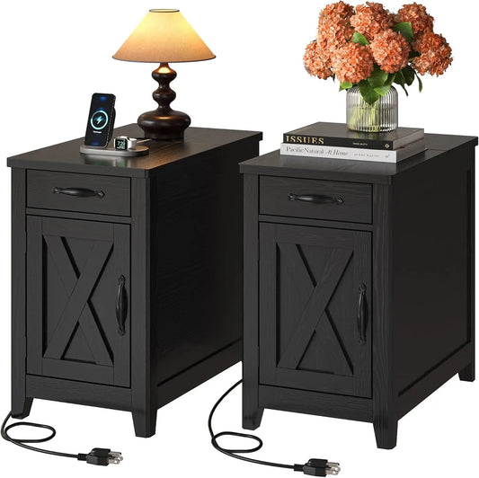 End Table with Charging Station, Narrow Side Table for Living Room, Night Stand Set of 2 with Drawer and Cup Holder, Farmhouse B