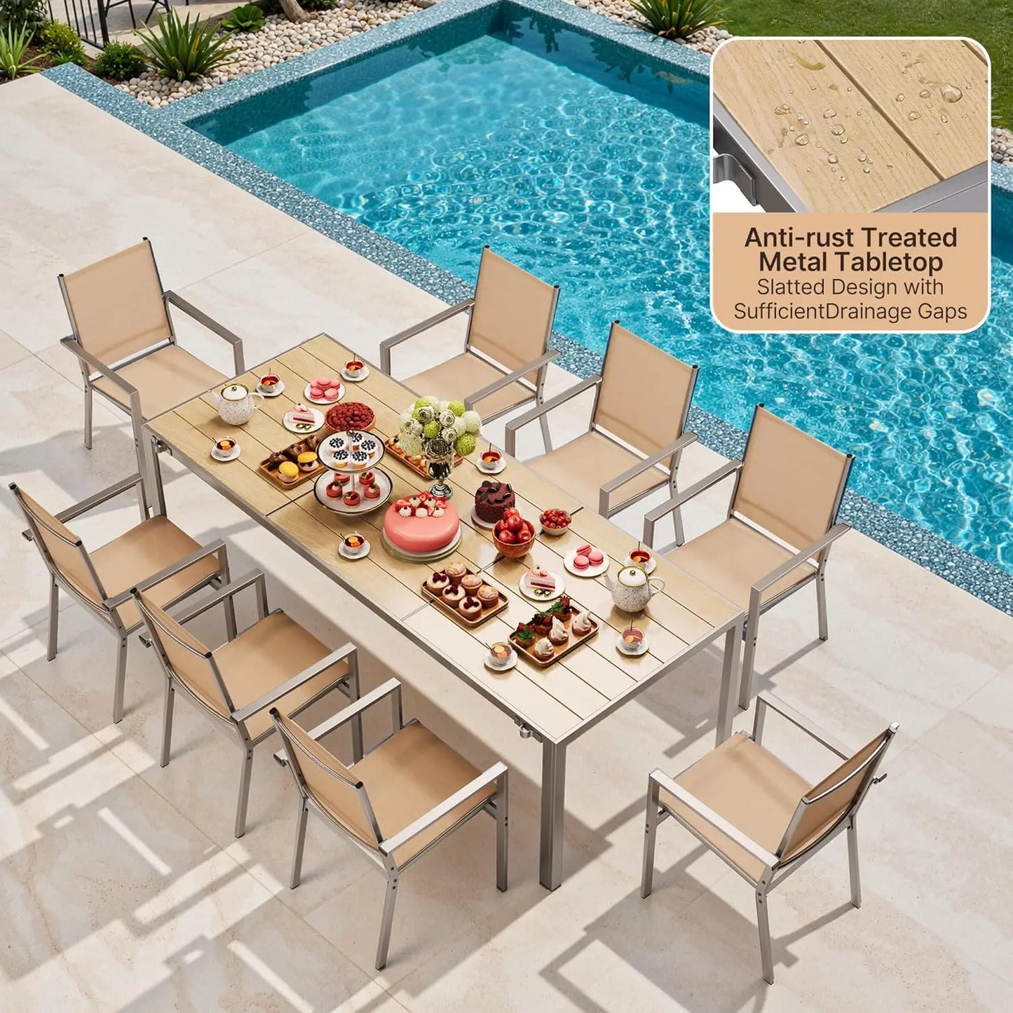 Outdoor Table and Chairs, Patio Table and Chairs Set Includes 89" Rectangle Patio Table with Umbrella Hole and 8, Customized