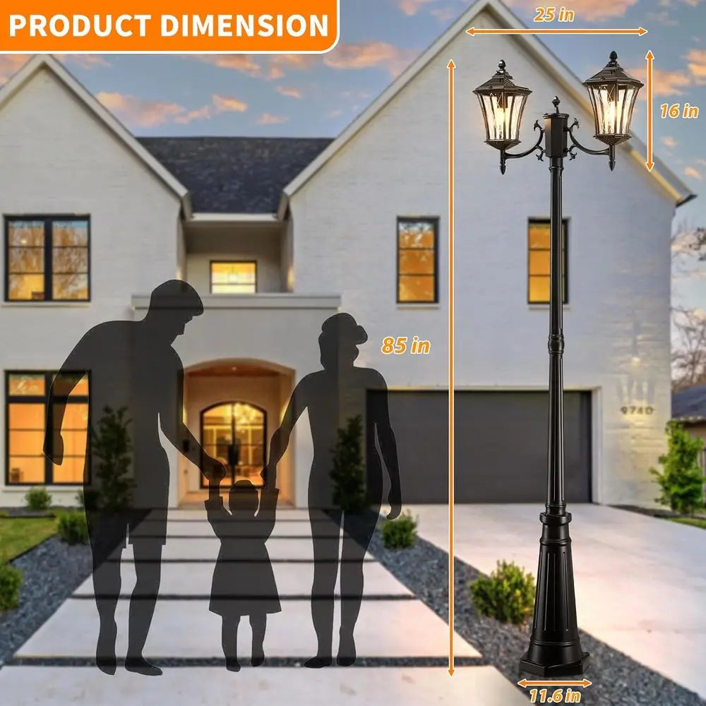 85" Solar Lamp Post Light, Dusk to Dawn Lamp Posts Outdoor Lighting, 2-Head Solar Pole Lights Outdoor Post Lights, Retro Black E