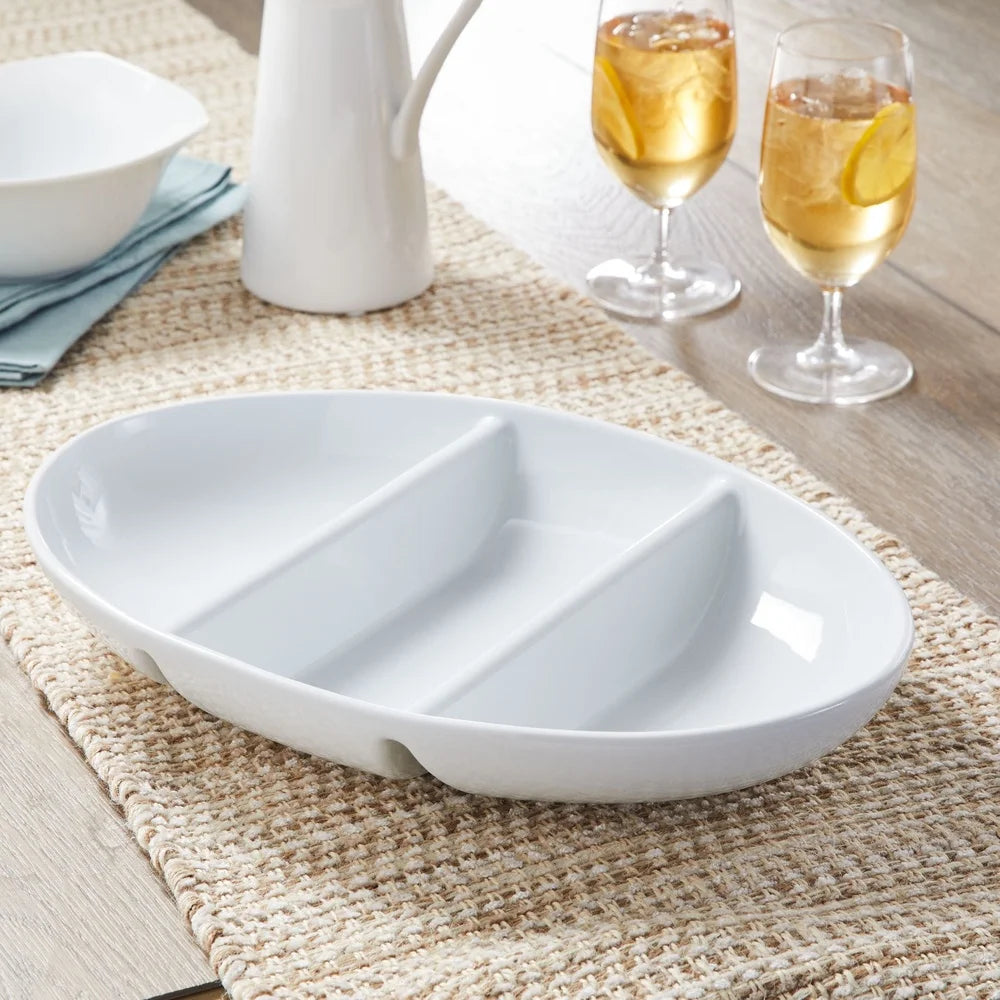 Porcelain Divided Bowl Three-Compartment Ceramic Serving Dish Ideal Snacks Soups Salads Chips Pasta Microwave Dishwasher Safe