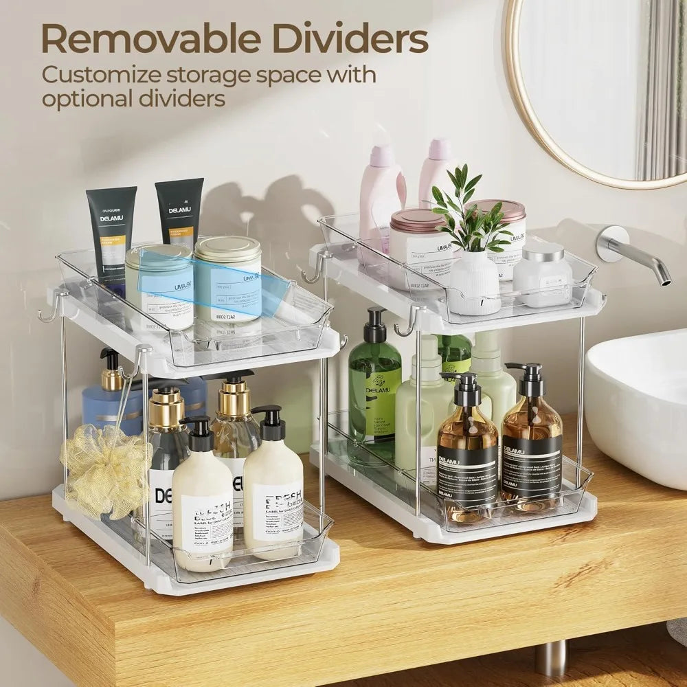 2 Tier Bathroom Under Sink Organizers and Storage with Hook, Multi-Purpose Cabinet Drawers with Movable Dividers, Pull Out Organ