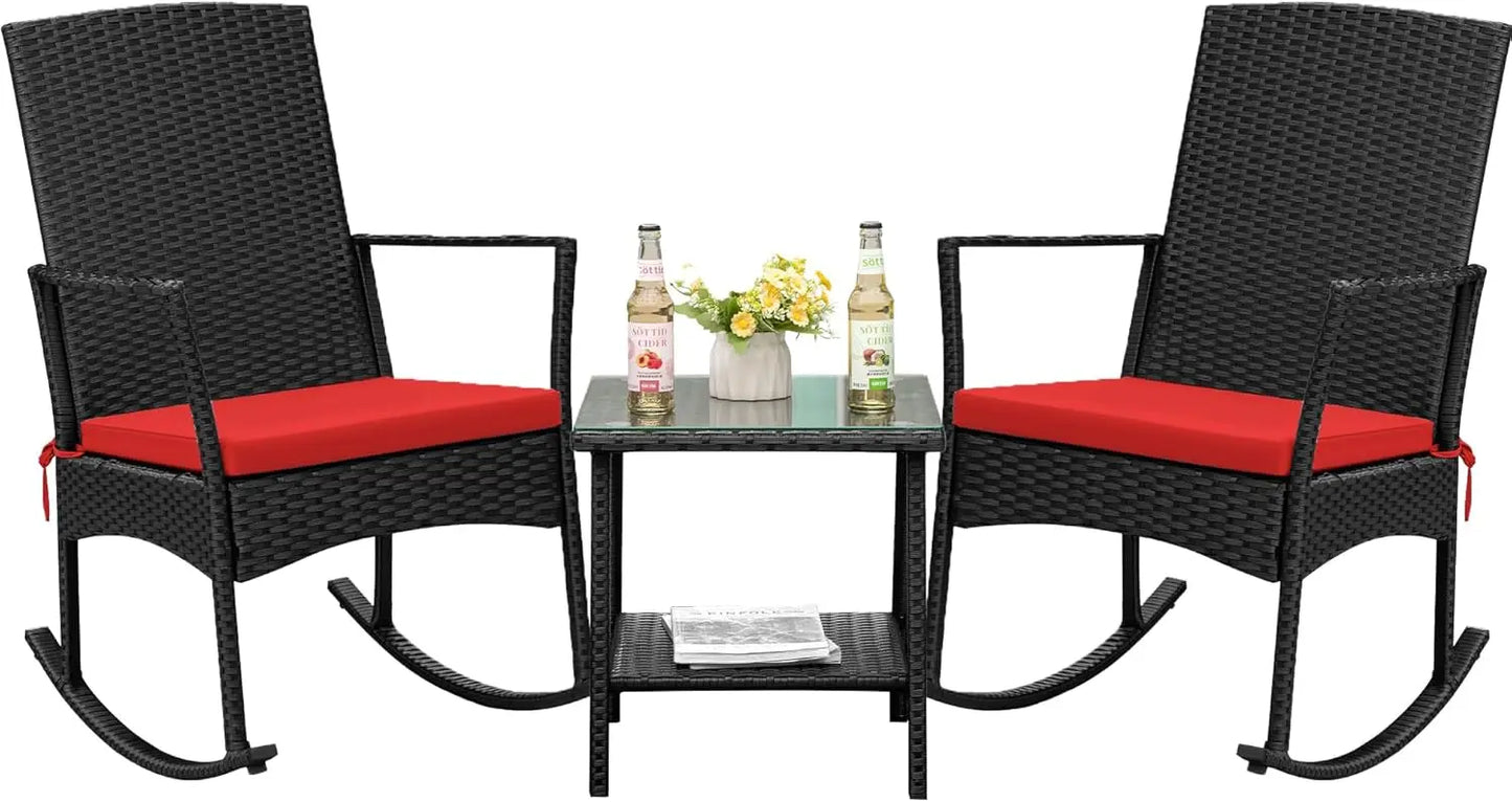 Flamaker Rocking Chair Outdoor PE Rattan Patio Chairs Glass Table High Back Porch Rocker for Balcony Garden Backyard (Beige)