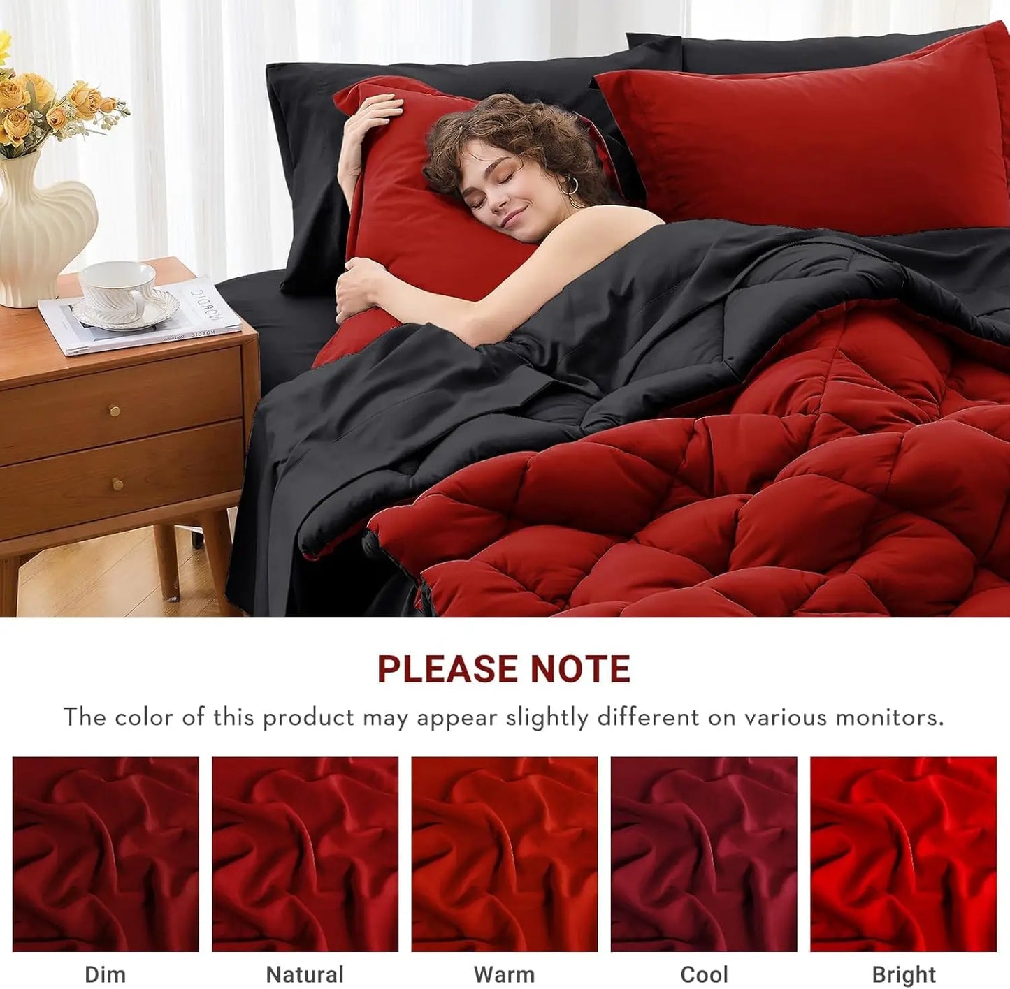 7 Pieces California King Comforter Set Reversible Bed in a Bag All Season Bedding with Sheets Pillowcases & Shams Red Black