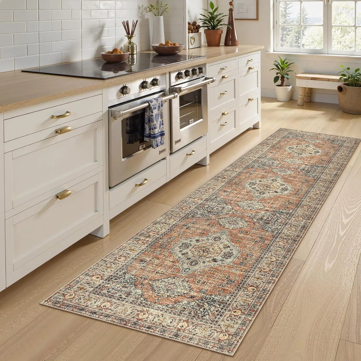 Washable Non-Slip Kitchen Runner Rug, 2x8 Vintage Soft Carpet for Hallway Bathroom Bedroom, Peach/Orange