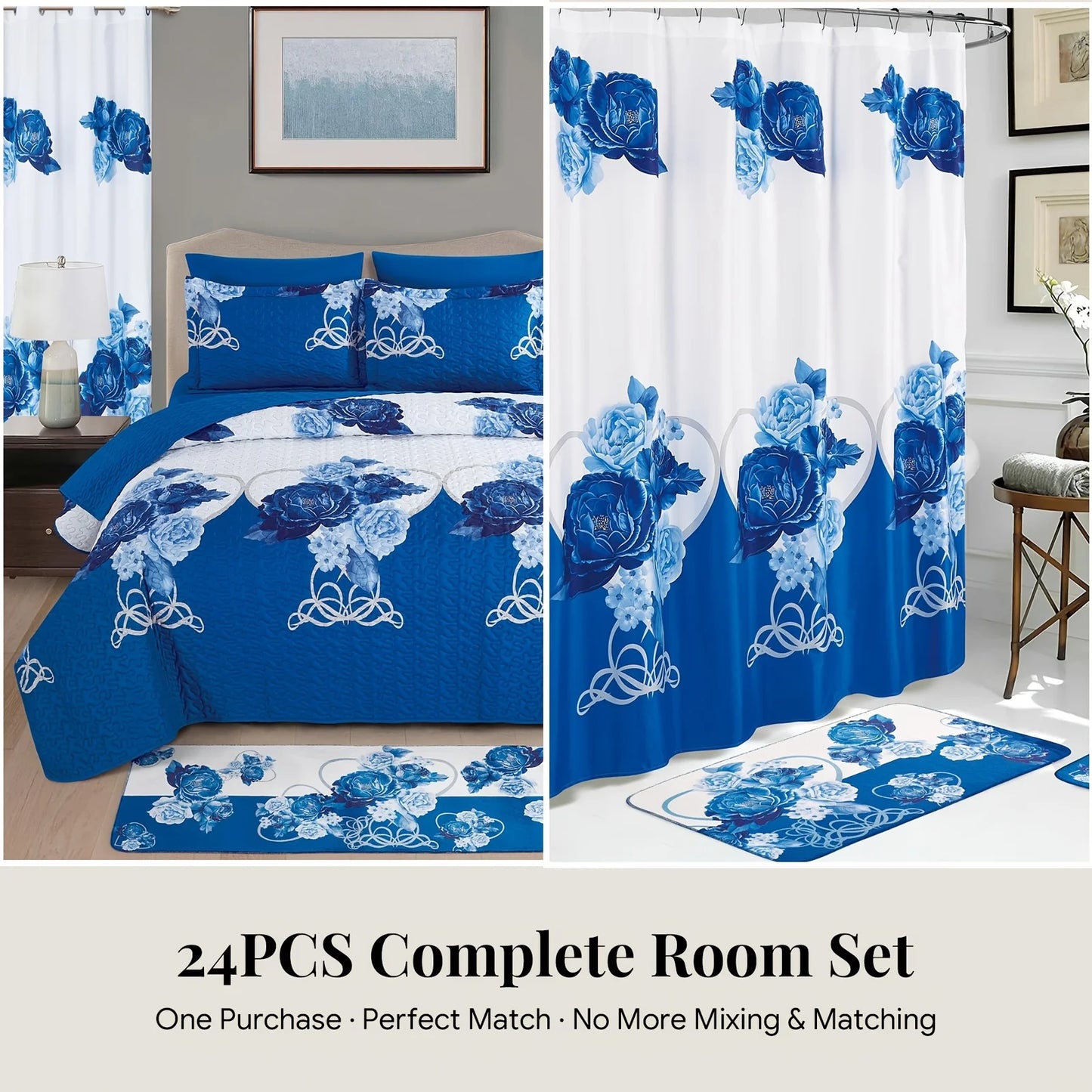 24pcs Bedspread Set 9pcs Quilt Set with 15pcs Shower Curtain Set Exquisite Pattern Modern Style Skin-friendly & Comfortable All