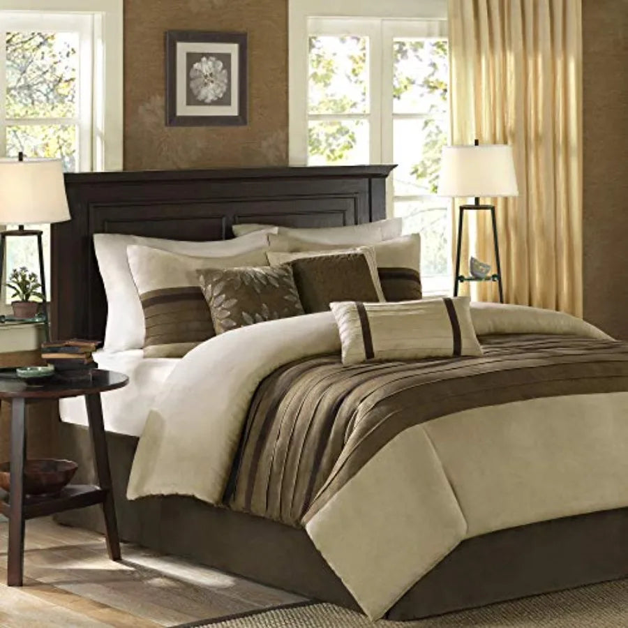 King Size All Season Down Alternative Bedding Set with Faux Suede Striped Accent Natural 7 Piece Includes Matching Shams Decora