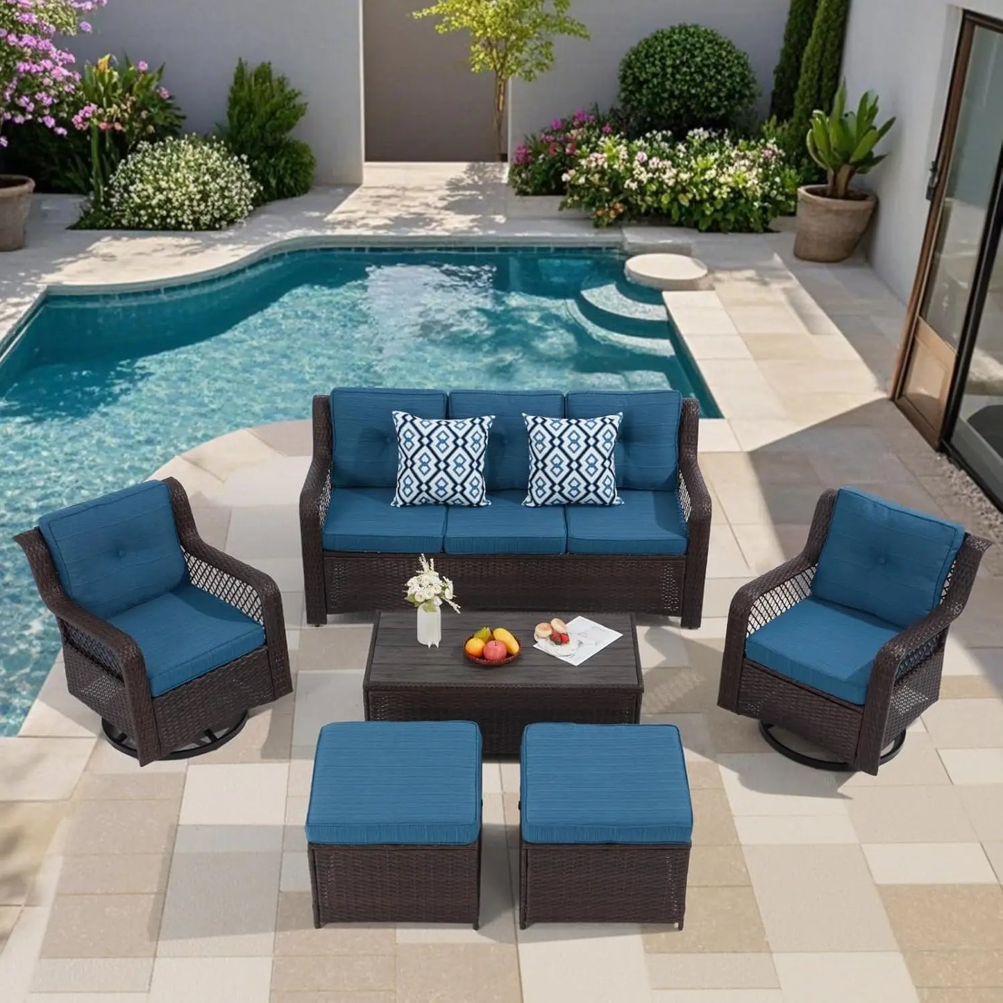 6 Pieces Wicker Patio Furniture Set Conversations Sets, 2 Outdoor 360° Swivel Chairs, Patio Swivel Chair with Table, Customized