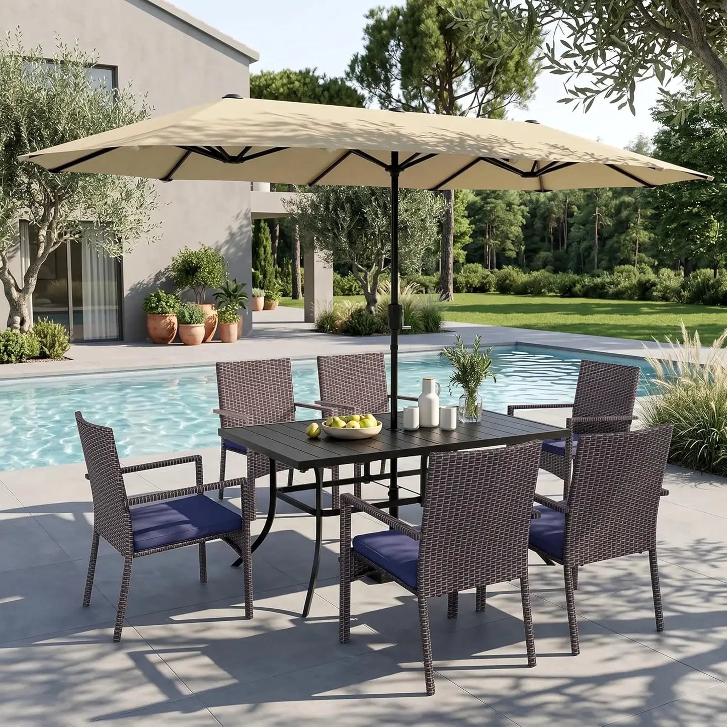 Patio Outdoor Table and Chairs Set with Umbrella Navy, Patio Dining Sets for 6, 7 Pieces Patio Table Set for Backyard, Custom