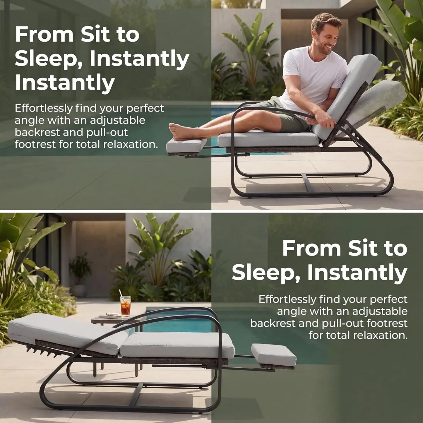 5-Position Adjustable Chaise Lounge Set w/ Table Off-White Outdoor Patio Deck Lawn Garden Furniture Customized