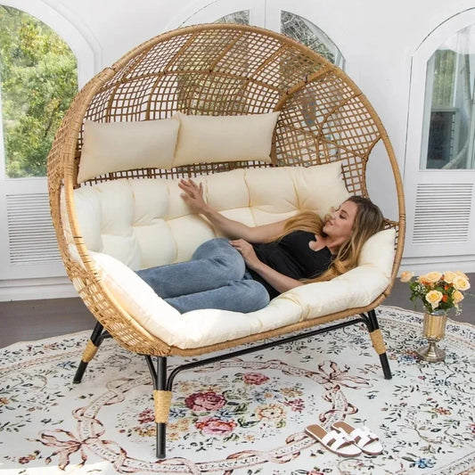 Lounge Chairs-Double Egg Chair Indoor Outdoor Stationary Thicken Padded Cushions,680 lbs，for Patio Balcony Porch Backyard Beige