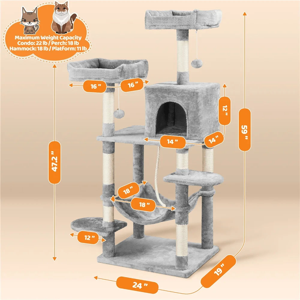59 H Multilevel Cat Tree Plush Cat Tower With Condo Perch Hammock Dangling Balls ching Post Pet Kitty Play House Cat Tree