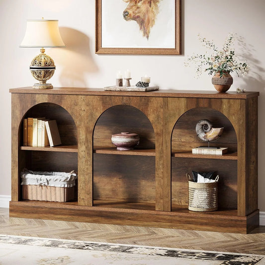 LITTLE TREE Farmhouse Console Table 63Inch, 3 Tier Storage Wooden Rectangular Sofa Table for Entryway Hallway Living Room Brown