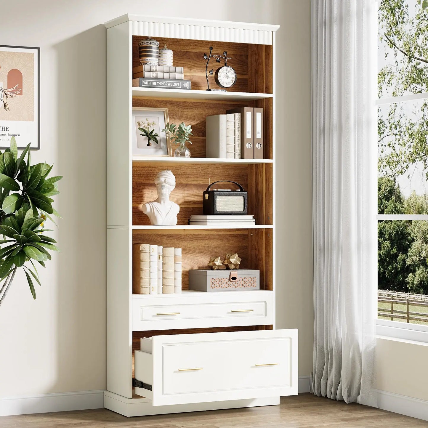 5-Shelf Bookcase with File Cabinet Drawer, 72" Tall Bookshelf, Modern Free-Standing Wood Bookcase, Large Open Display,Customized