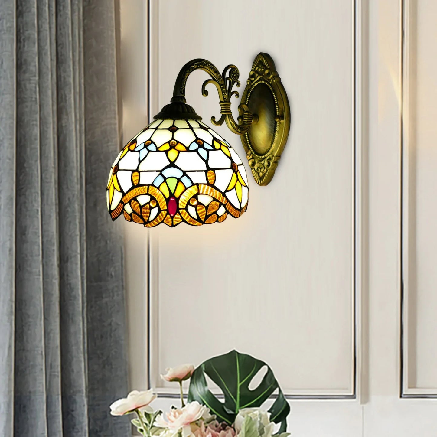 Tiffany Style Beige Dome Glass Wall Lamp Victorian Style for Bedroom Living Room Dining Room Balcony Loft