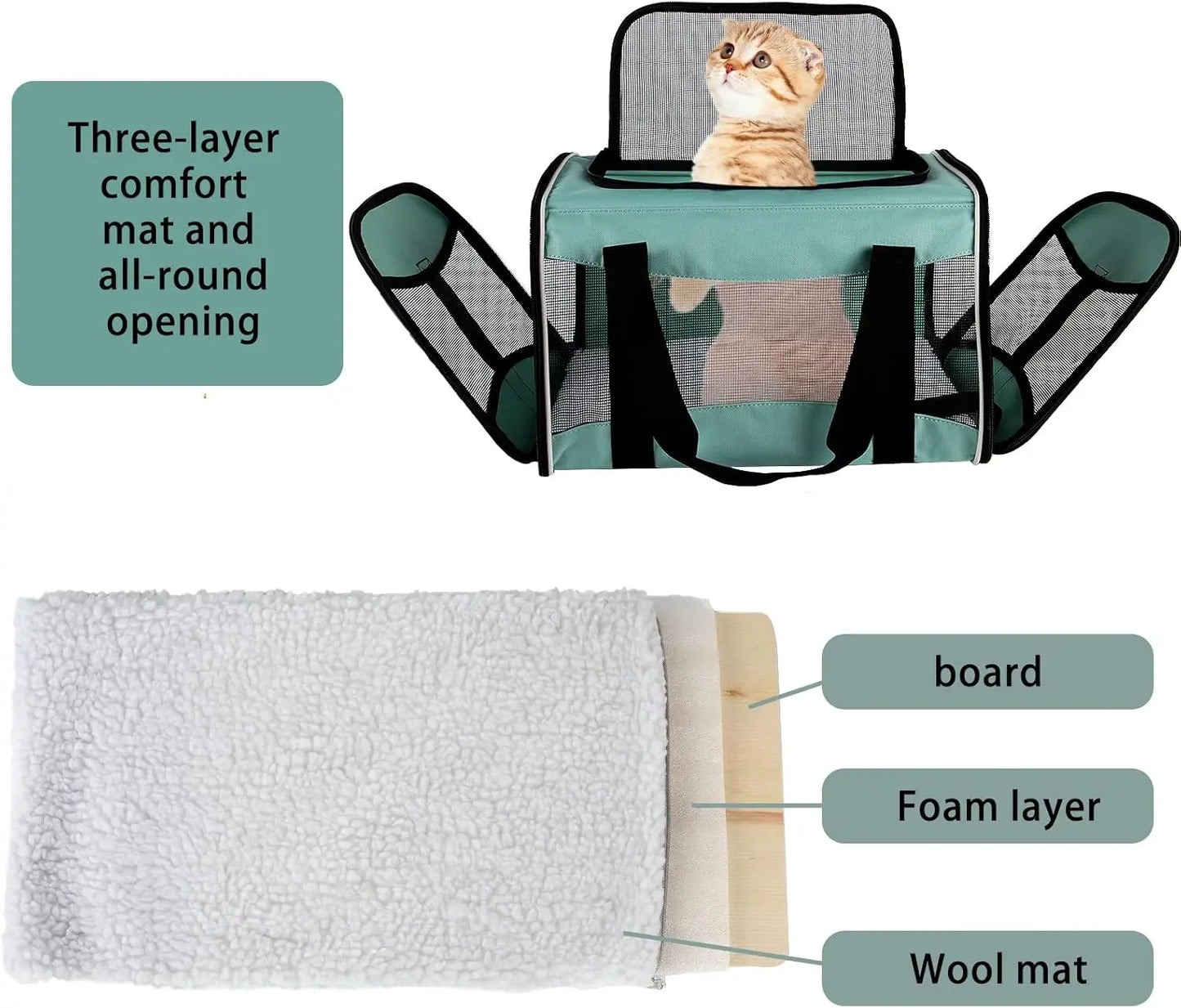 Cat Carrying Case - Soft Sided Pet Travel Carrier, Up to 30Lbs, Collapsible, Removable Fleece Pad, Breathable, X-Large Green